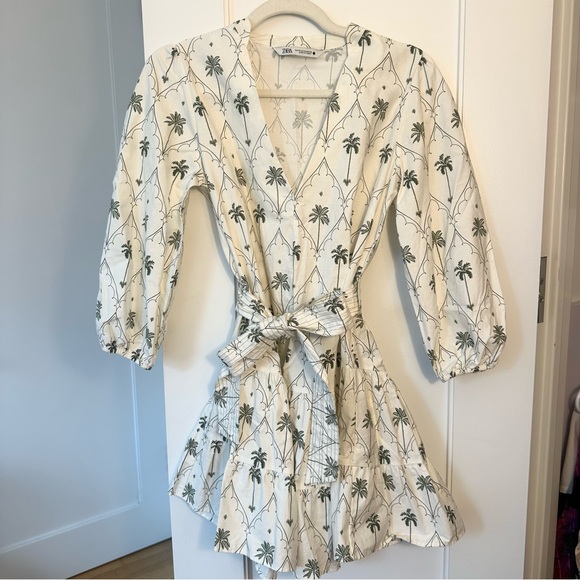 Zara 100% Cotton White and Green Palm Print Dress with Belt XS SS2024 - Picture 3 of 4